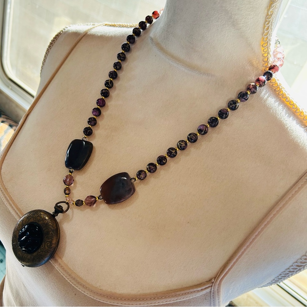 Handcrafted vintage pocket watch case locket art glass bead orca agate necklace - Picture 12 of 14